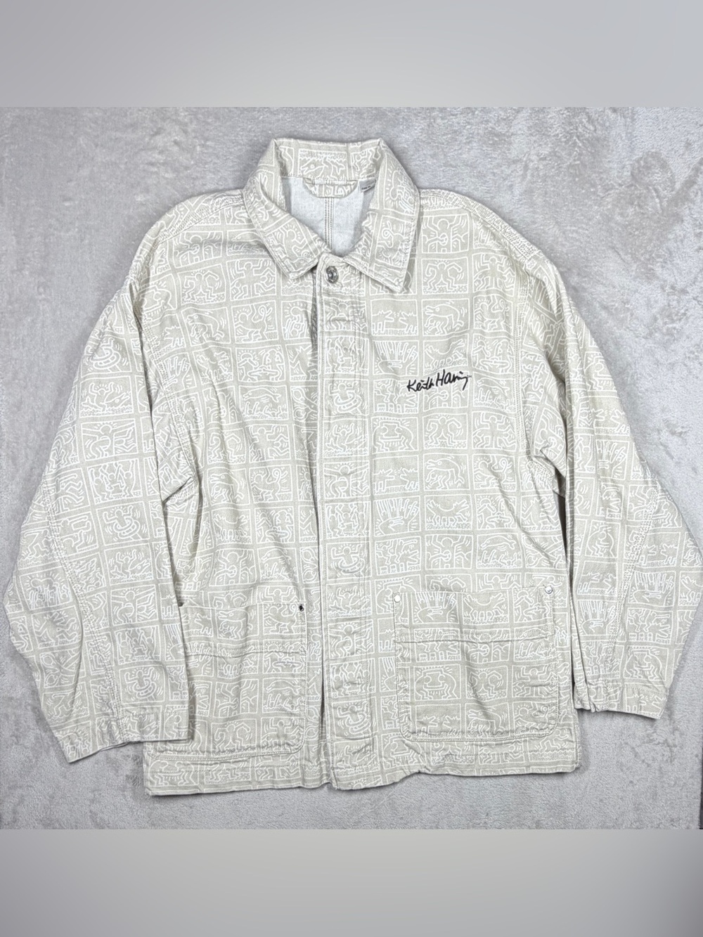 Keith Haring X H&M Cotton Cream Buttoned Front Utility Chore Coat Jacket Men’s M